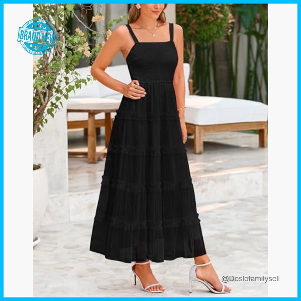 Sleeveless Smocked Tiered Ruffle Tulle A-Line Maxi Dress Elegant Boho Wedding - Picture 6 of 7